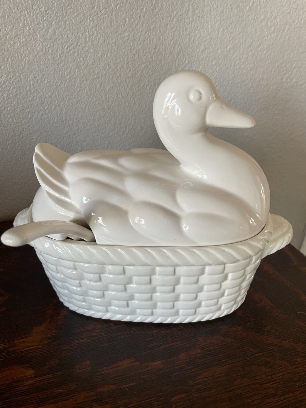 Vintage All White Ceramic Duck Soup Tureen with Lid and Ladle